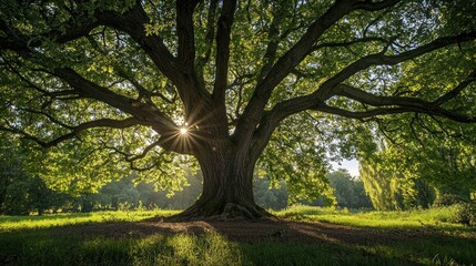 A large, ancient oak tree with a sunburst in the background, casting a shadow on the ground.