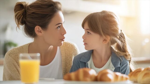 A mother and daughter sharing smiles during breakfast