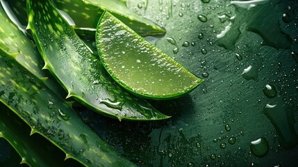 Aloe vera leaves with water droplets on a dark background.