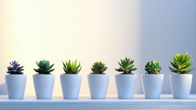 A row of small, green succulent plants in white pots on a white shelf. - Powered by Adobe
