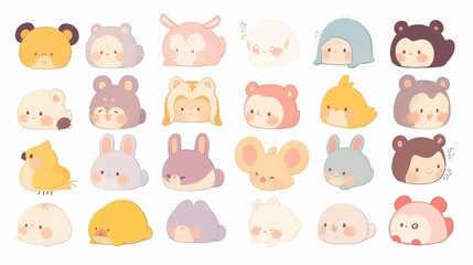 Obraz premium Pastel Cute Animal Stickers Set, Simple Line Cartoon on White for Kids Decor & Crafts