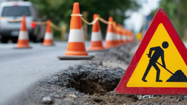 Road work warning sign and safety cones, realistic style, daylight colors, traffic safety and construction zone