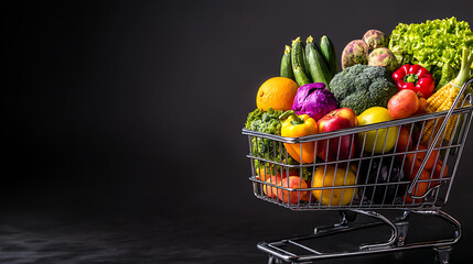 A vibrant assortment of fresh fruits and vegetables in a shopping cart against a dark background