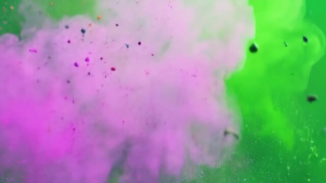 Vibrant Slow Motion Explosion of Purple Powder Creating a Billowing Pink Cloud in Green Liquid