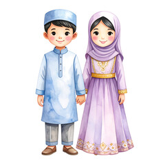 Watercolor Illustration of a Boy and Girl in Traditional Islamic Attire.