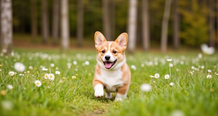 Corgi puppy running through flower field in forest clearing