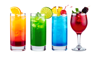 Four colorful refreshing cocktails with fruit garnishes isolated on transparent background