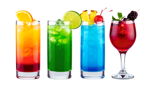 Four colorful refreshing cocktails with fruit garnishes isolated on transparent background - Powered by Adobe