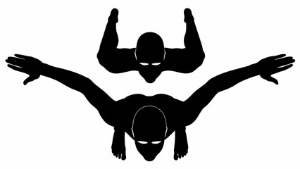 Silhouette view of two swimmers in action with arms extended and legs aligned in a white backdrop | editable eps vectors