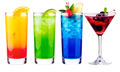 Four colorful refreshing cocktails in glasses isolated on transparent background