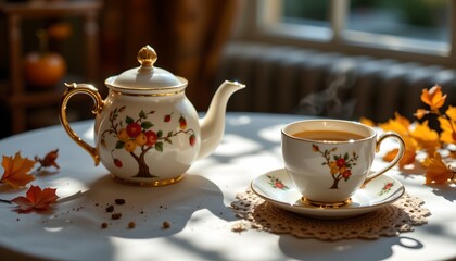 Cinematic Lighting with Tea Set and Autumn Pastries