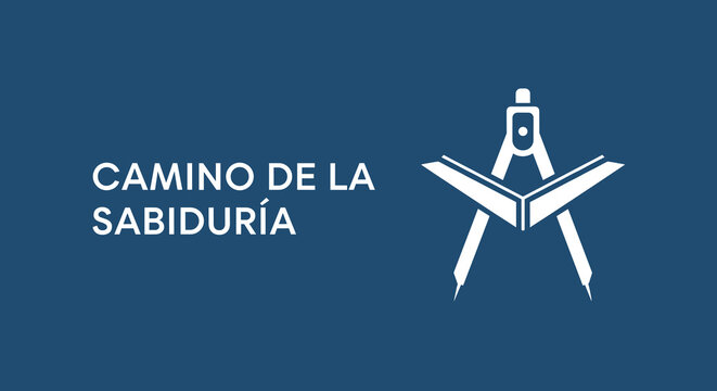 CAMINO DE LA SABIDUR&Iacute;A. S&iacute;mbolo mas&oacute;nico con comp&aacute;s y libro abierto sobre fondo azul. Concepto de conocimiento, geometr&iacute;a y espiritualidad.