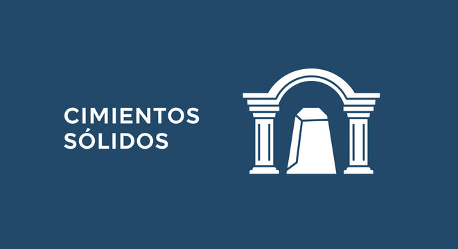 CIMIENTOS S&Oacute;LIDOS. Icono de arco cl&aacute;sico con columnas y piedra angular. Concepto de base, fortaleza, estabilidad y seguridad.