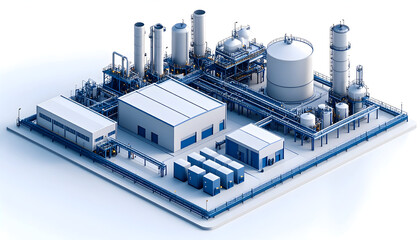 Isometric Industrial Plant Illustration with Blue Accents on White Background