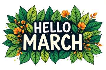 Fototapeta premium Vibrant Spring Illustration with Fresh Green Leaves and Hello March
