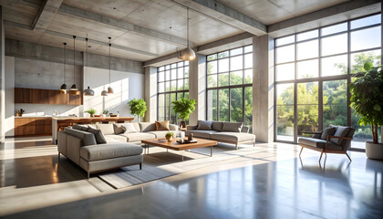 Modern Living Room Interior with Sunlight and Large Windows Showcasing Contemporary Furniture and Elegant Design