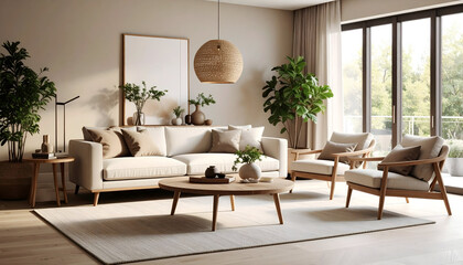 Cozy Living Room Interior With Beige Sofa And Wooden Furniture Near Large Window With Natural Light