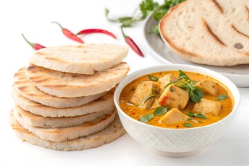 Hearty chicken curry served with grilled naan bread and fresh red chilies