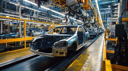 Fototapeta premium Automobiles on a production line in a factory.