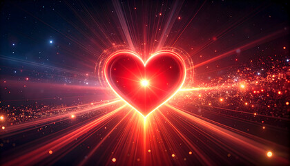 Glowing Red Heart with Light Rays and Sparkles on a Dark Background