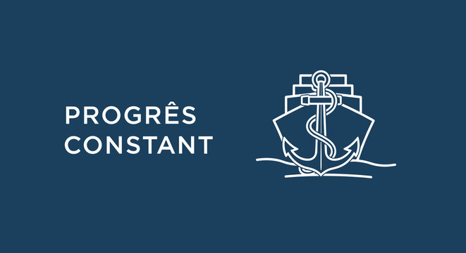 Progr&egrave;s constant. Ic&ocirc;ne de navire cargo avec une ancre symbolisant la stabilit&eacute; et le transport maritime. Concept de logistique et de commerce international.