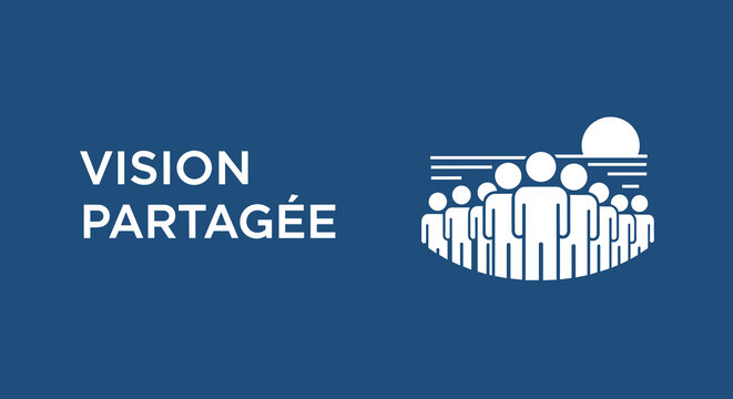 VISION PARTAG&Eacute;E. Logo conceptuel avec une ic&ocirc;ne de groupe de personnes et de foule. Symbole de communaut&eacute;, collaboration, travail d'&eacute;quipe et avenir collectif.