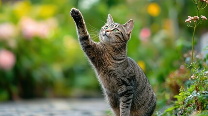 A curious cat with a raised paw, standing on its hind legs, in a garden with greenery and flowers.