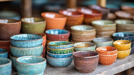 A variety of colorful ceramic bowls on a wooden table.