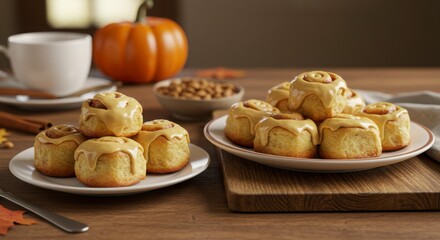 thanksgiving plates of  cinnamon roll bites topped with fall spice icing for a cozy breakfast or brunch setting