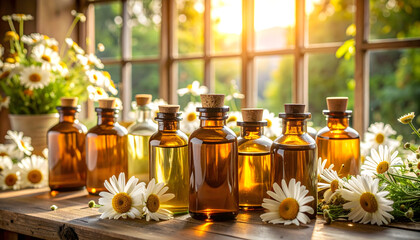 Amber Glass Bottles With Corks And Chamomile Flowers Illuminated By Bright Sunlight
