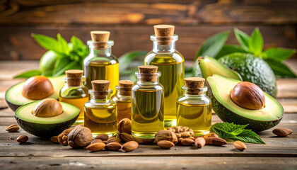 Collection of Avocado Oil Bottles Displayed with Fresh Avocado Halves and Green Leaves on Rustic Wooden Table
