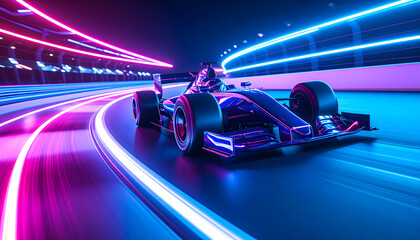 Dynamic Race Car On Illuminated Track Against Dark Background Emitting Neon Lights