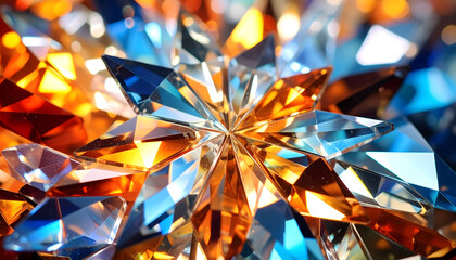 Close Up View of Sparkling Gemstone With Multiple Facets in Orange and Blue Colors with a Black Background