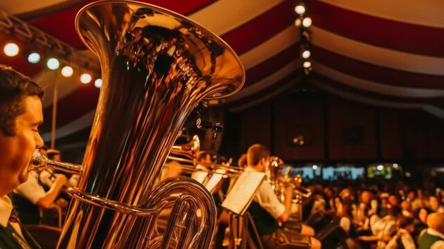 A Cinematic Close-Up of a Brass Band Musician Playing Tuba at a Live Festive Cultural Event, 4K Footage