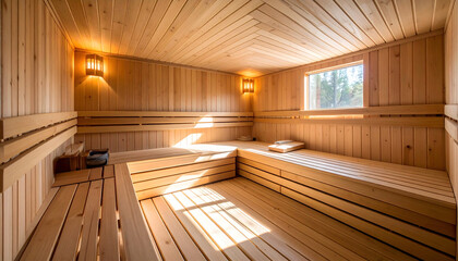 Wooden Sauna Interior with Warm Lighting and Simple Design Creating Relaxing Atmosphere