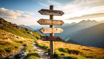 Rustic Wooden Signpost on a Mountain Trail Leading to Majestic Peaks under a Golden Sunset Sky