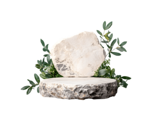 A flat, circular stone surface topped with a small cluster of green foliage
