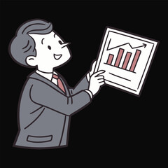 Cartoon businessman with financial chart and white sticker border for design