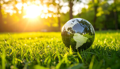 Globe resting in vibrant green grass under bright sunlight symbolizing environmental protection and global awareness