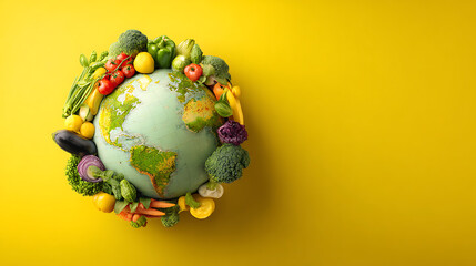 Vibrant globe made of vegetables on a bright yellow background, symbolizing healthy living