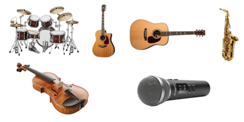Collection of musical instruments including drums, guitar, saxophone, violin and microphone