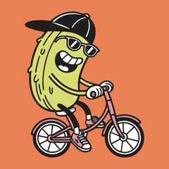 Cheerful Cucumber Cartoon Riding Bicycle Wearing Black Cap and Sunglasses