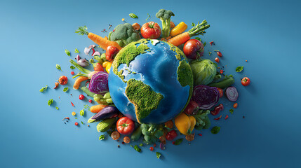 Colorful globe surrounded by fresh vegetables and fruits, symbolizing healthy eating and sustainability