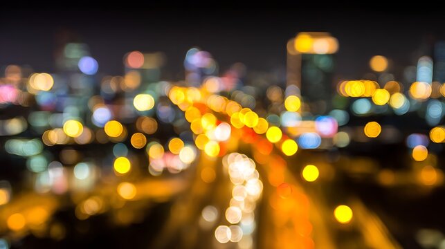 Blurred cityscape at night with illuminated streets and buildings. The scene captures the vibrant energy of urban nightlife with bokeh light effects.