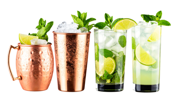 Four refreshing cocktails with lime and mint isolated on transparent background