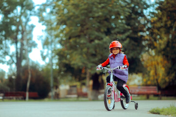  Girl Riding a Bike in the Park and Wearing Protective Equipment. Child having fun outside on her...