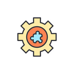 An icon depicting a puzzle piece inside a gear, representing a solution that is part of a larger system, a setting, or a new function.
