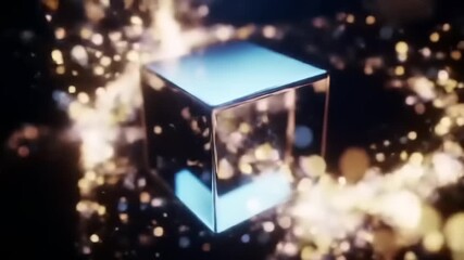 Abstract composition of a luminous cube with a glowing effect and bokeh lights in a dark space - Powered by Adobe