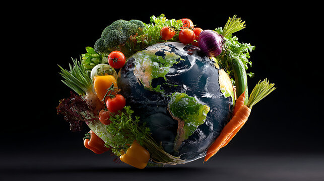 A vibrant globe surrounded by fresh vegetables, symbolizing global nutrition and sustainability