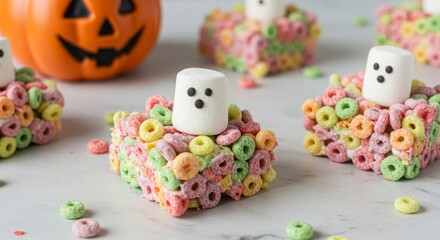 halloween neon ghost marshmallow cereal bars with fun and eerie dessert vibe for festive celebrations